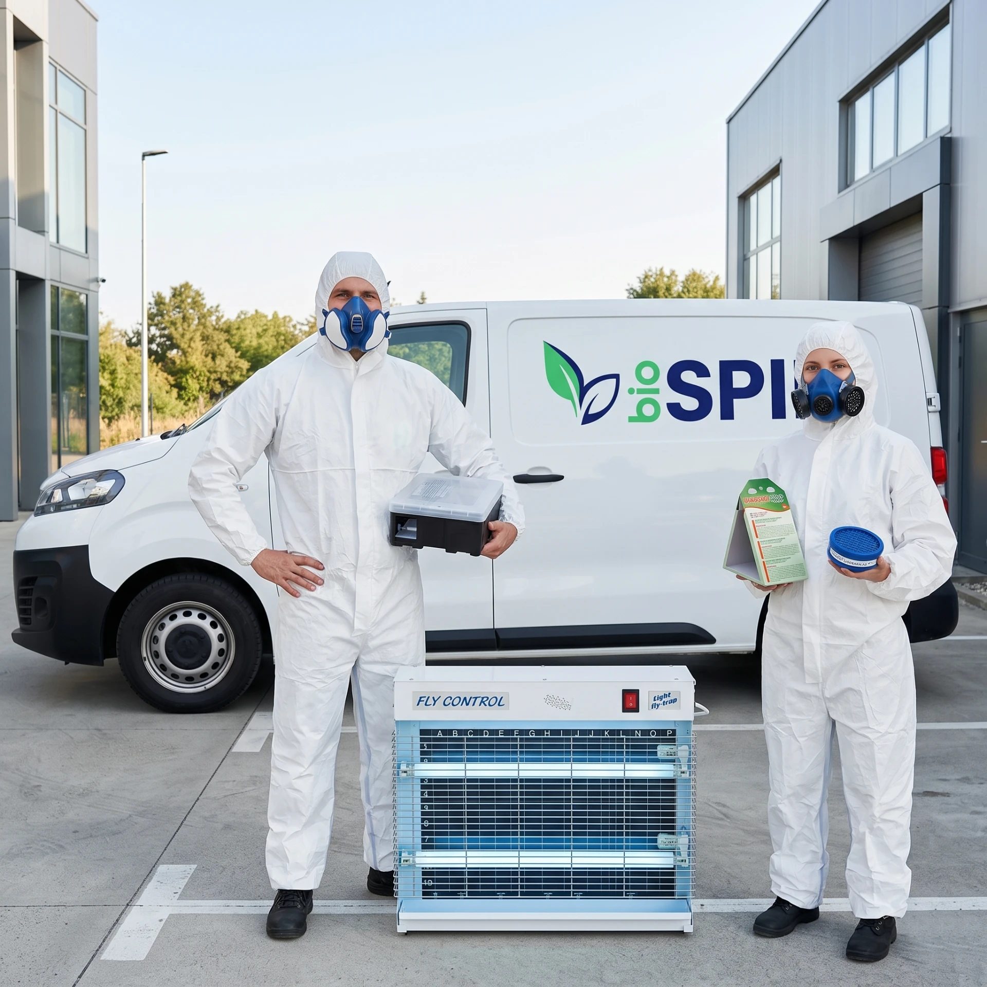 Tim BioSpin u zaštitnoj opremi ispred vozila, sa proizvodima za kontrolu štetočina